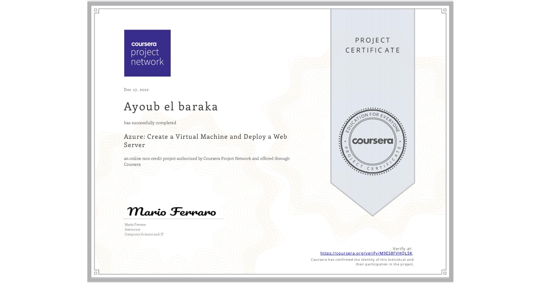 Coursera Azure VM Certificate