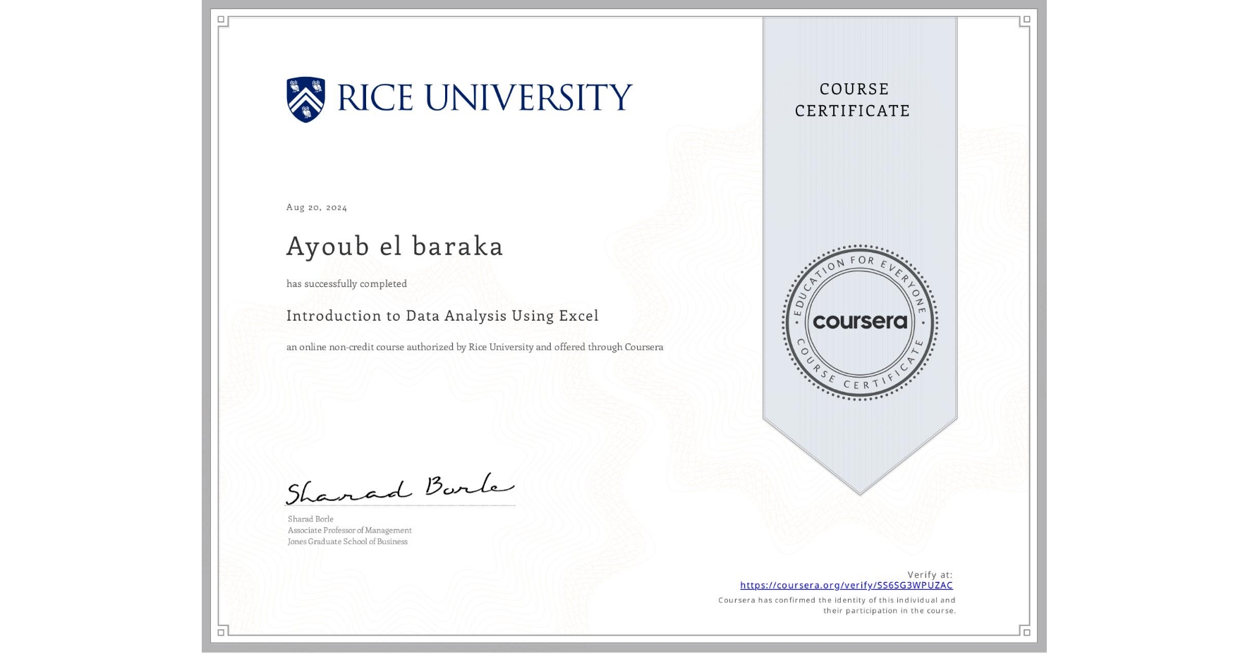 Rice University Excel Certificate